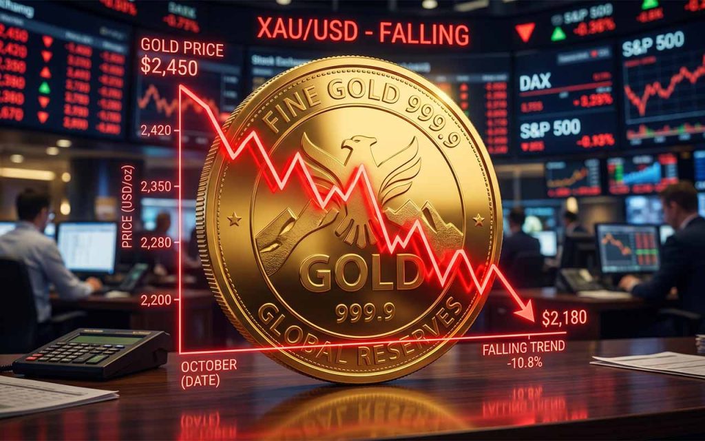 Ein fallender roter Börsenchart, der den sinkenden Goldpreis über eine abstrakte, glänzende Goldmünze legt