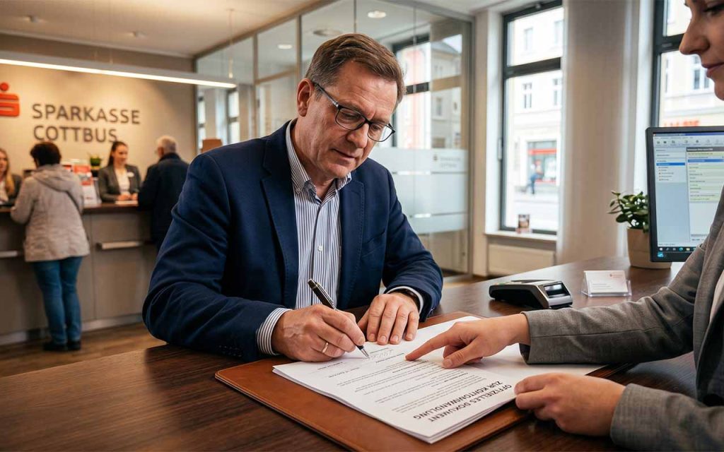 Nahaufnahme eines Bankkunden, der ein offizielles Dokument zur Kontoumwandlung am Schalter einer Bank unterschreibt, seriöse und professionelle Atmosphäre