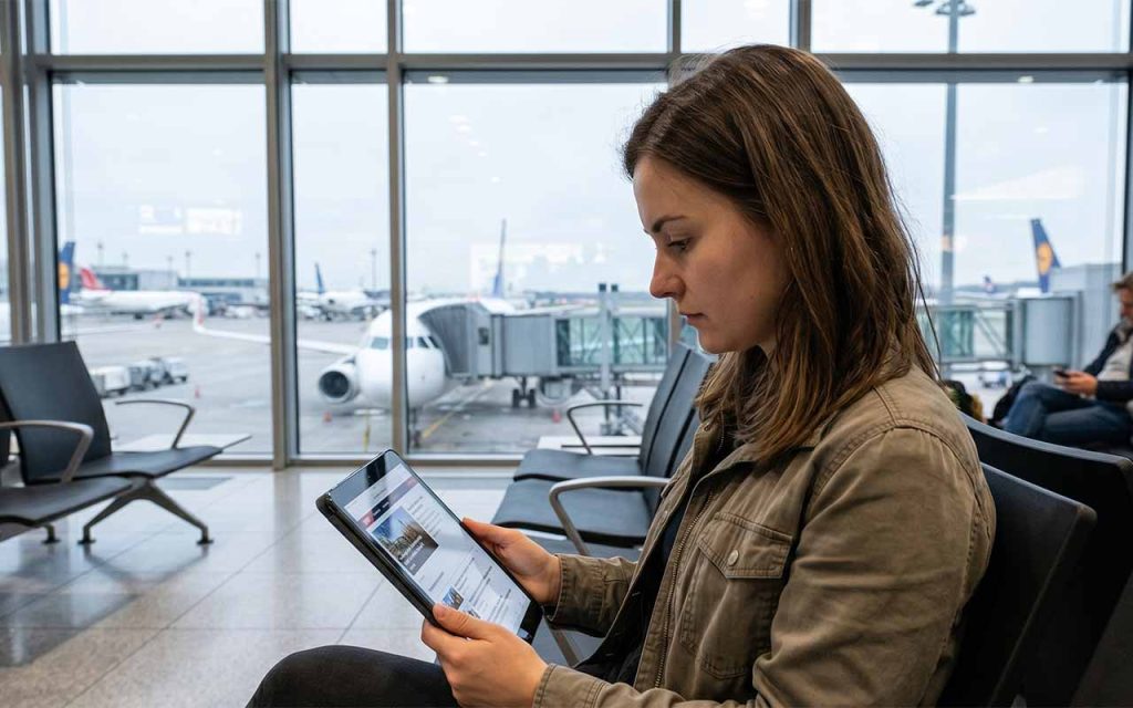 Eine junge Frau sitzt am Gate eines Flughafens, den Blick aufmerksam auf ihr Tablet gerichtet, während im Hintergrund Flugzeuge auf dem Rollfeld bereitstehen