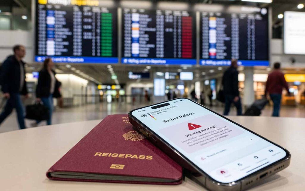 Eine Nahaufnahme eines Reisepasses, auf dem ein Smartphone liegt. Das Display zeigt die geöffnete "Sicher Reisen"-App der Bundesregierung mit einem roten Warnsymbol. Im unscharfen Hintergrund ist die Anzeigetafel eines Flughafens zu erkennen