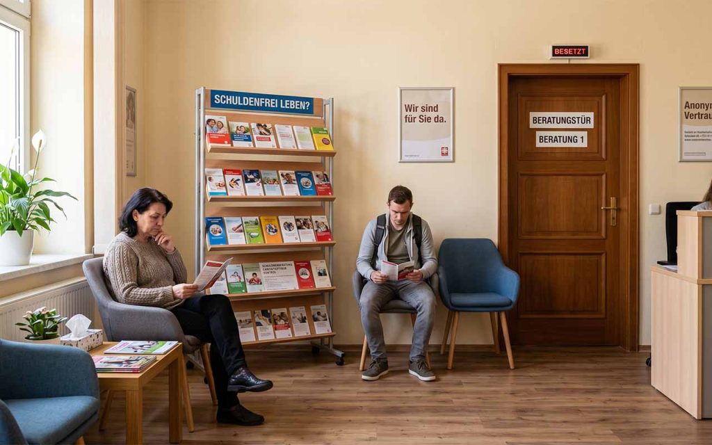 Wartezimmer einer Schuldnerberatungsstelle mit Infomaterial-Ständer und Beratungstür — sachliche, empathische Atmosphäre