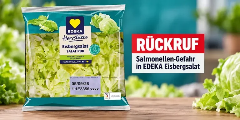 Edeka ruft Eisbergsalat wegen Salmonellengefahr zurück Edeka ruft „Herzstücke Eisbergsalat Salat Pur“ in der 200-Gramm-Packung wegen Salmonellengefahr zurück. Rückgabe auch ohne Kassenbon möglich.